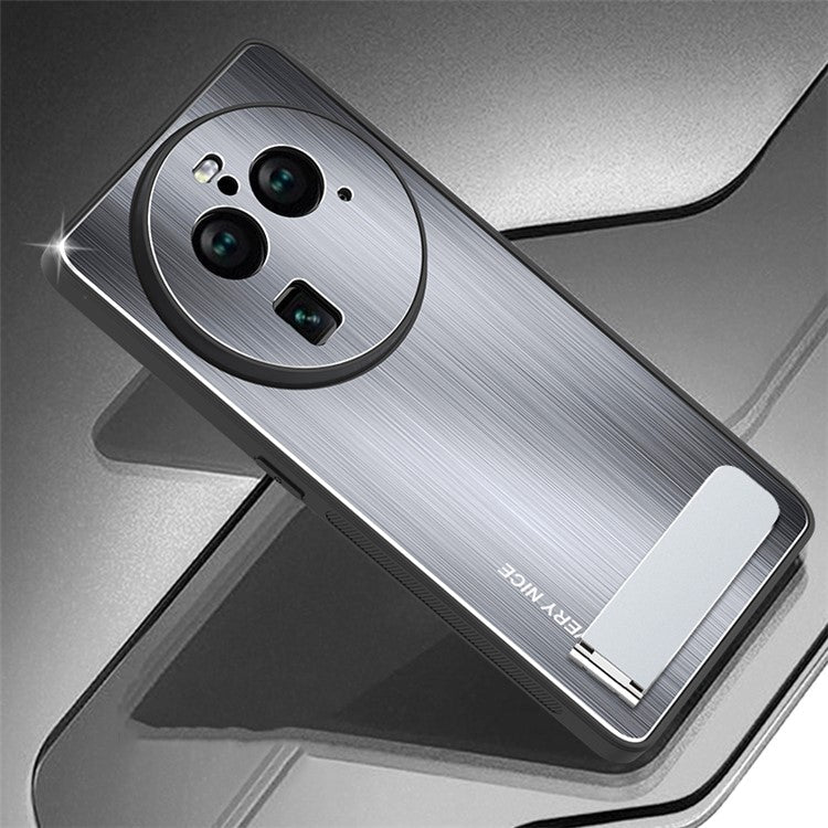 Phone Case for Oppo Find X6 Pro TPU Bumper Aluminium Alloy Brushed Back Kickstand Phone Cover - Silver