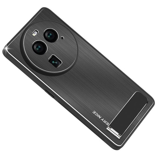 Phone Case for Oppo Find X6 TPU Bumper Aluminium Alloy Brushed Back Phone Cover with Kickstand - Black