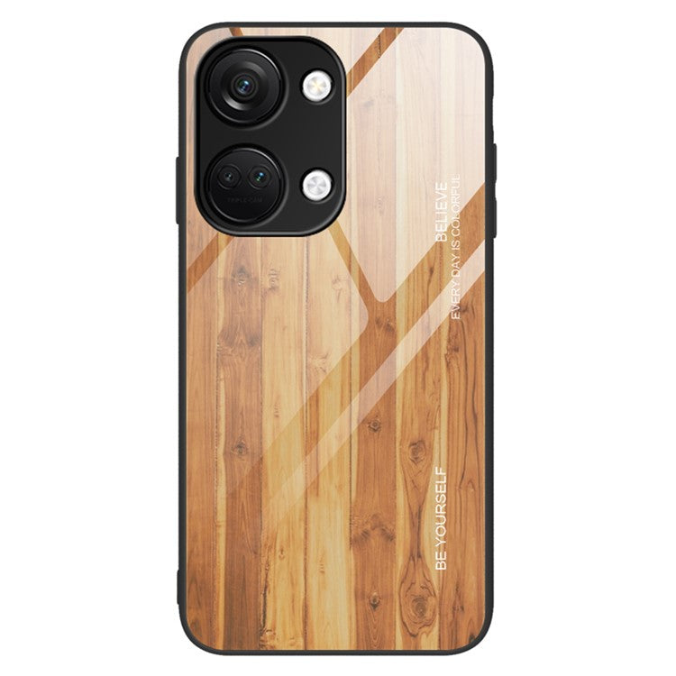 For OnePlus Nord 3 5G / Ace 2V Wooden Pattern Back Case Anti-Scratch TPU + Tempered Glass Phone Cover - Brown