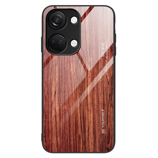 For OnePlus Nord 3 5G / Ace 2V Wooden Pattern Back Case Anti-Scratch TPU + Tempered Glass Phone Cover - Wine Red