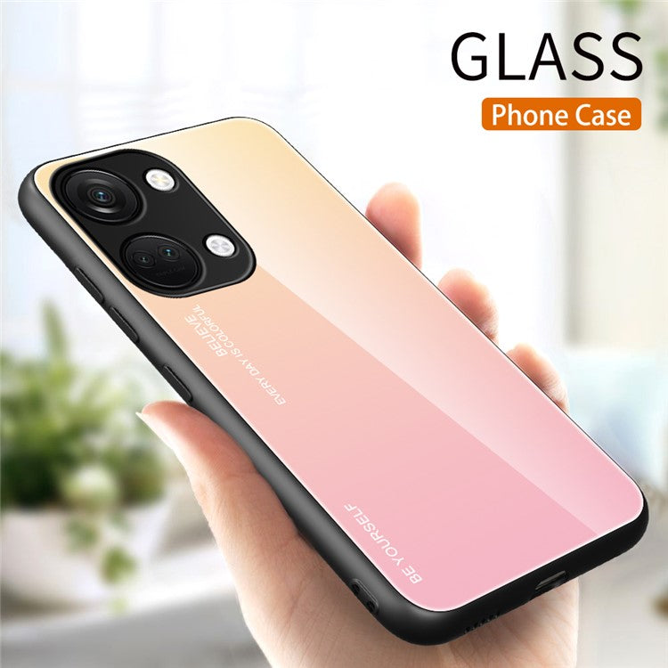 For OnePlus Nord 3 5G / Ace 2V Gradient Tempered Glass Back Shell PC + TPU Shock Protective Phone Case - Gold+Pink