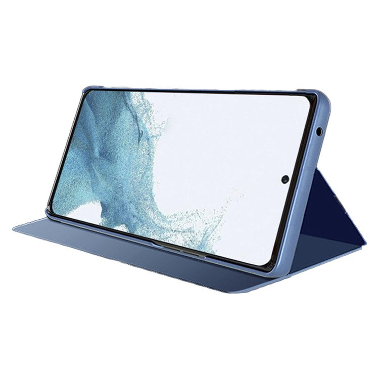 For Samsung Galaxy M14 5G View Window Mirror Surface Phone Case Electroplating Leather Phone Cover - Purple  /  Blue