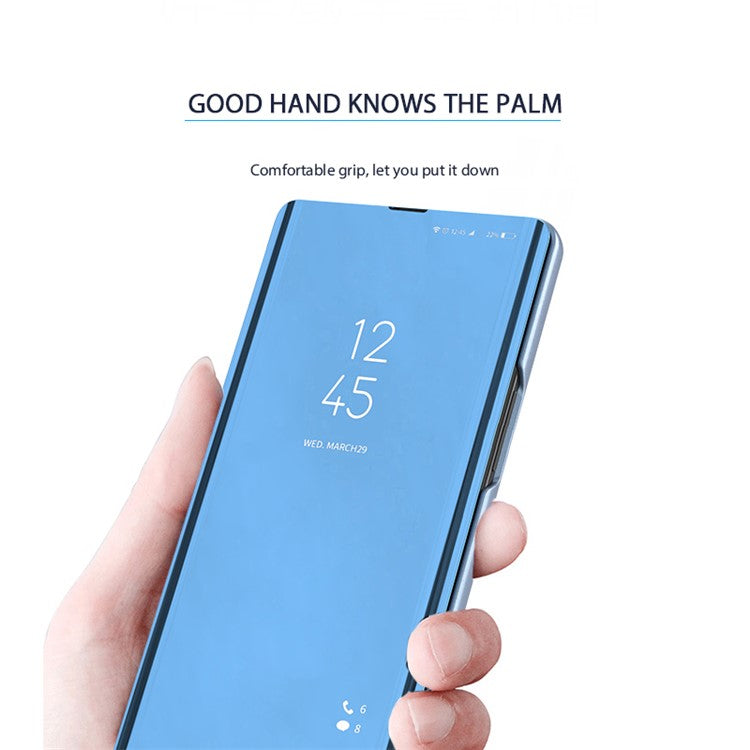 For Samsung Galaxy M14 5G View Window Mirror Surface Phone Case Electroplating Leather Phone Cover - Purple  /  Blue