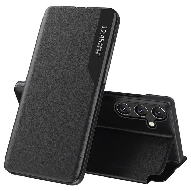 For Samsung Galaxy M14 5G View Window Phone Case PU Leather Phone Stand Cover - Black