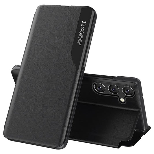 For Samsung Galaxy M14 5G View Window Phone Case PU Leather Phone Stand Cover - Black