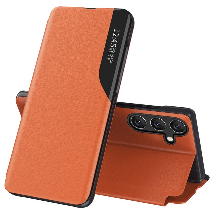 For Samsung Galaxy M14 5G View Window Phone Case PU Leather Phone Stand Cover - Orange