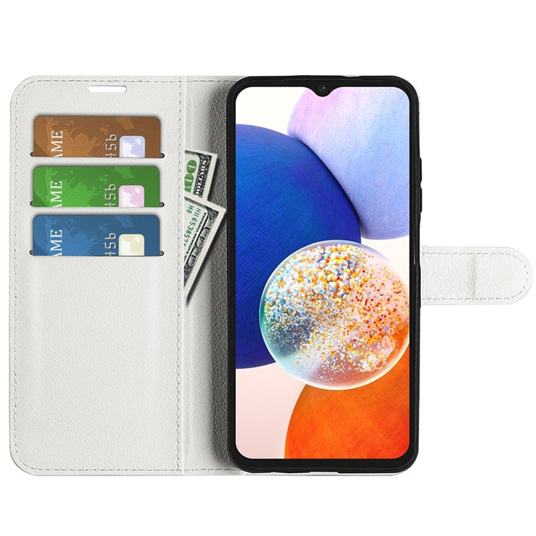 PU Leather Phone Shell for Samsung Galaxy M14 5G Litchi Texture Wallet Cover Stand Phone Case - White