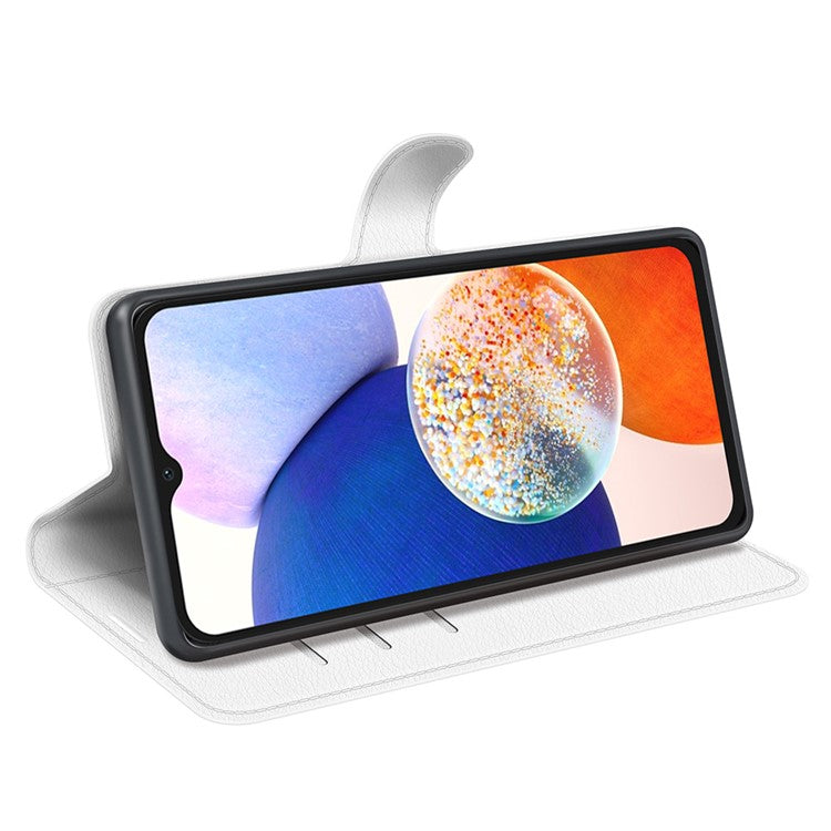 PU Leather Phone Shell for Samsung Galaxy M14 5G Litchi Texture Wallet Cover Stand Phone Case - White