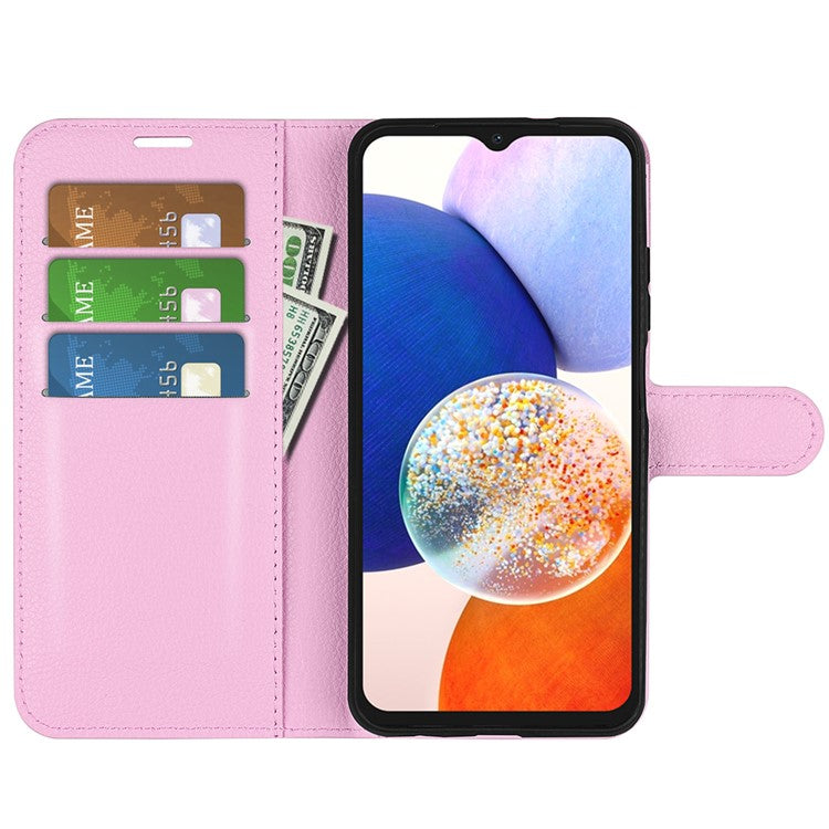PU Leather Phone Shell for Samsung Galaxy M14 5G Litchi Texture Wallet Cover Stand Phone Case - Pink