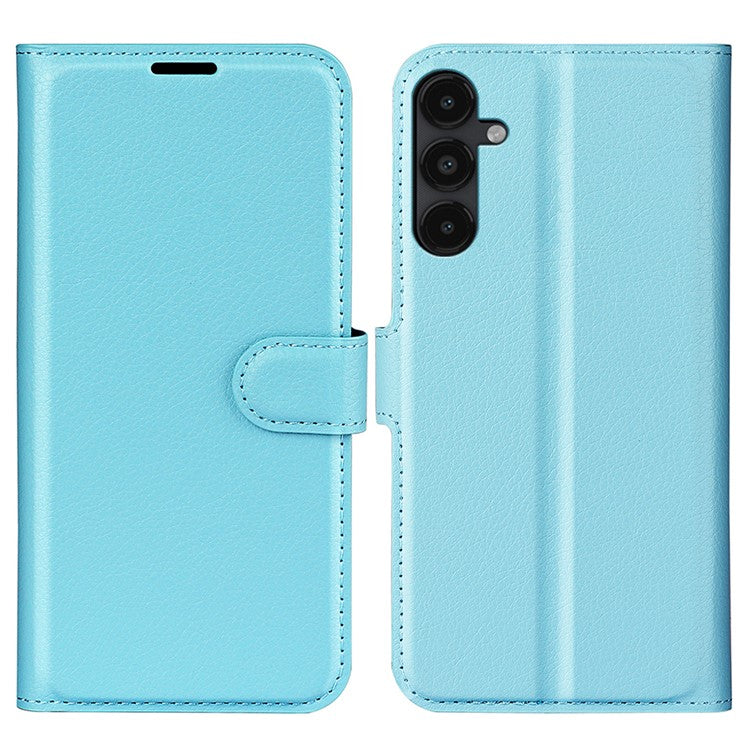 PU Leather Phone Shell for Samsung Galaxy M14 5G Litchi Texture Wallet Cover Stand Phone Case - Blue