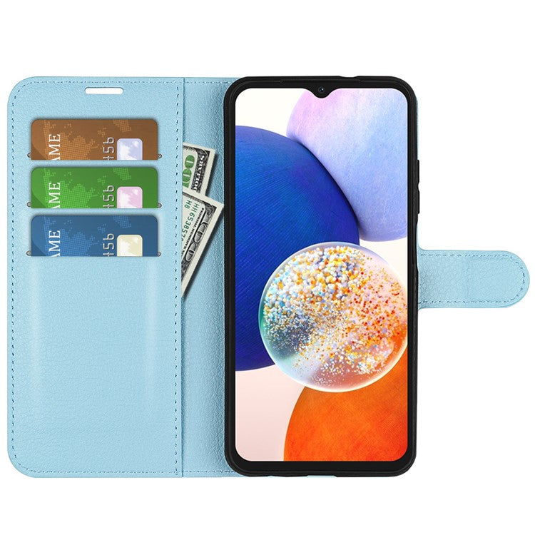 PU Leather Phone Shell for Samsung Galaxy M14 5G Litchi Texture Wallet Cover Stand Phone Case - Blue