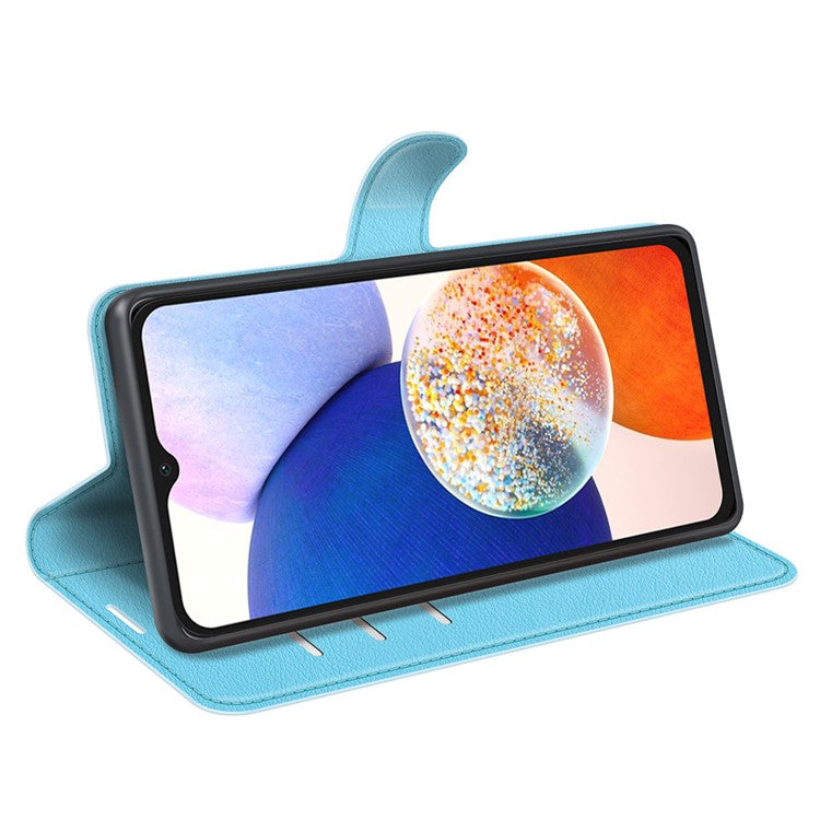 PU Leather Phone Shell for Samsung Galaxy M14 5G Litchi Texture Wallet Cover Stand Phone Case - Blue
