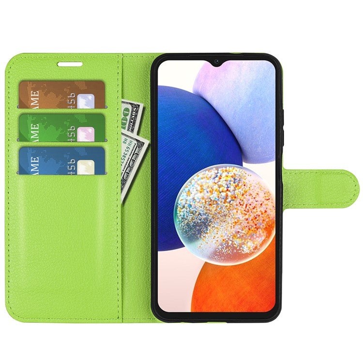 PU Leather Phone Shell for Samsung Galaxy M14 5G Litchi Texture Wallet Cover Stand Phone Case - Green