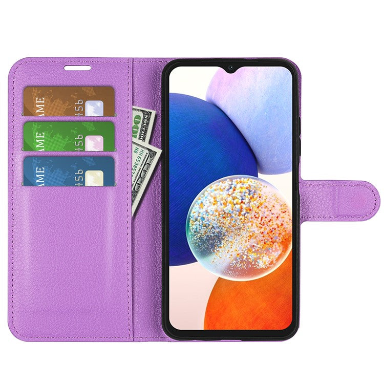 PU Leather Phone Shell for Samsung Galaxy M14 5G Litchi Texture Wallet Cover Stand Phone Case - Purple
