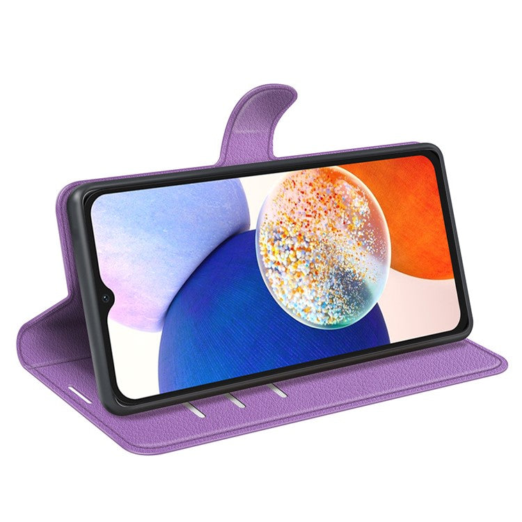 PU Leather Phone Shell for Samsung Galaxy M14 5G Litchi Texture Wallet Cover Stand Phone Case - Purple