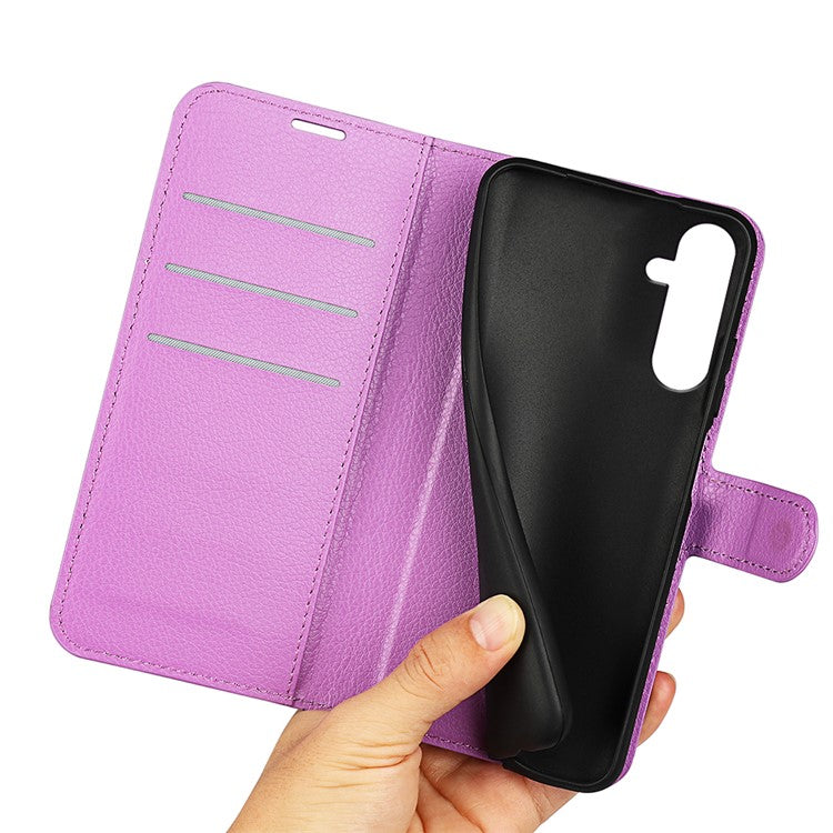 PU Leather Phone Shell for Samsung Galaxy M14 5G Litchi Texture Wallet Cover Stand Phone Case - Purple