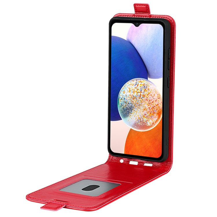 For Samsung Galaxy M14 5G Vertical Flip Leather Phone Case Card Holder Crazy Horse Texture Protective Cover - Red