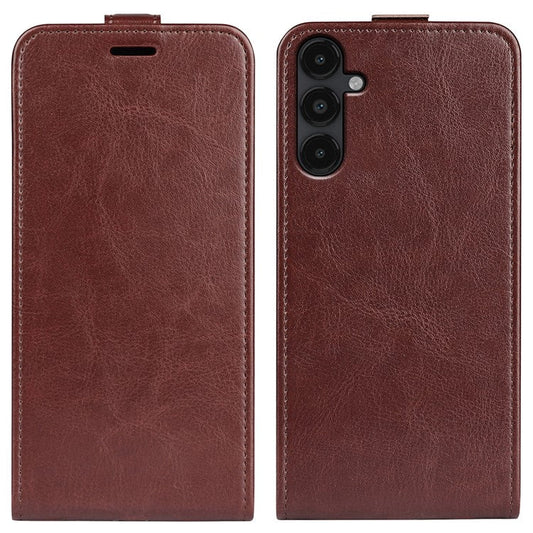 For Samsung Galaxy M14 5G Vertical Flip Leather Phone Case Card Holder Crazy Horse Texture Protective Cover - Brown