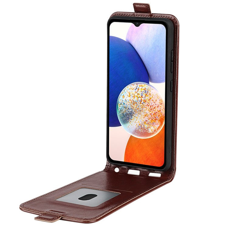 For Samsung Galaxy M14 5G Vertical Flip Leather Phone Case Card Holder Crazy Horse Texture Protective Cover - Brown