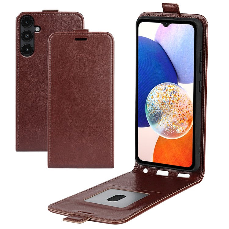 For Samsung Galaxy M14 5G Vertical Flip Leather Phone Case Card Holder Crazy Horse Texture Protective Cover - Brown