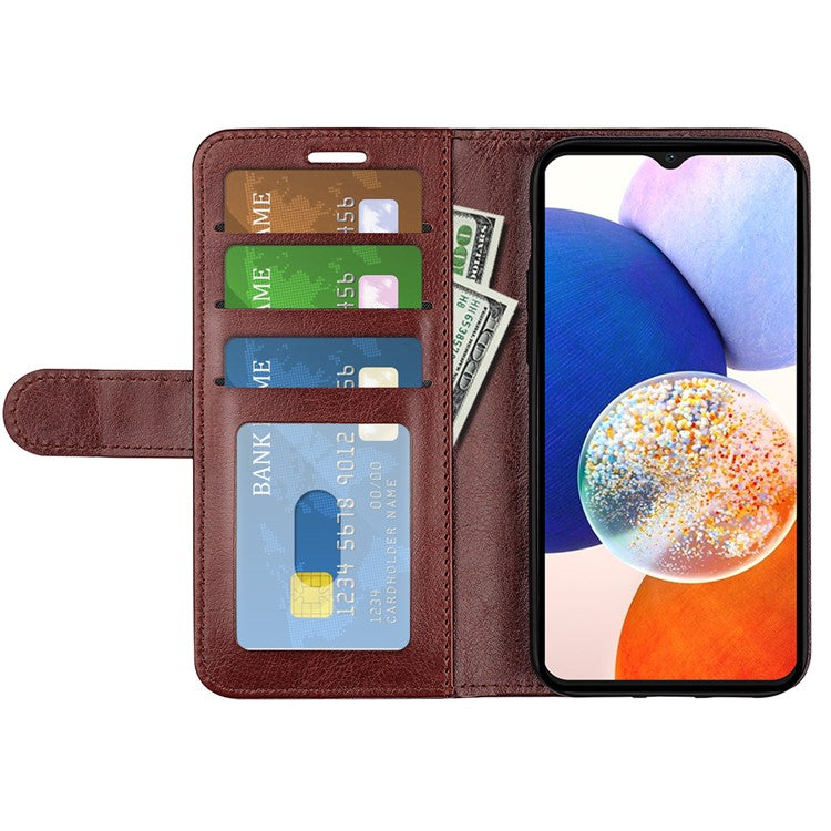 For Samsung Galaxy M14 5G Leather Phone Case Wallet Crazy Horse Texture Stand Phone Cover - Brown