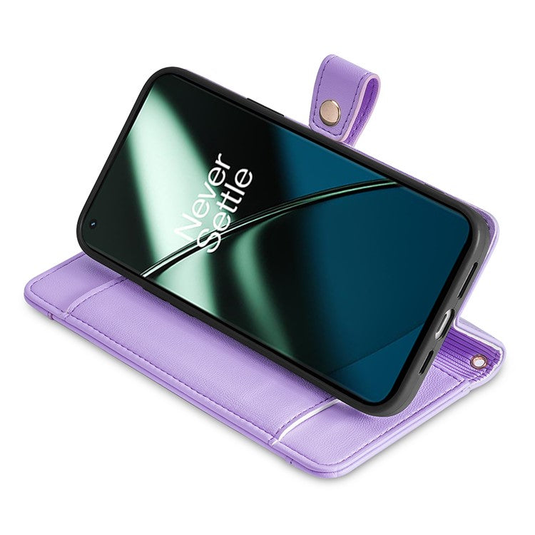 Leather Phone Cover for OnePlus Nord 3 5G / Ace 2V 5G Anti-scratch Zipper Pocket Stand Wallet Case with 2 Straps - Purple