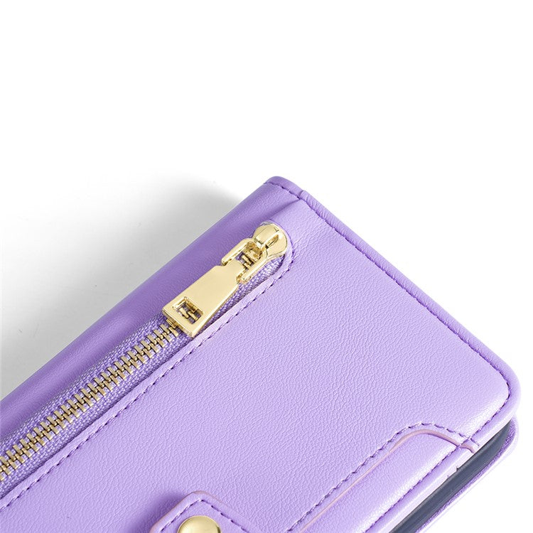 Leather Phone Cover for OnePlus Nord 3 5G / Ace 2V 5G Anti-scratch Zipper Pocket Stand Wallet Case with 2 Straps - Purple
