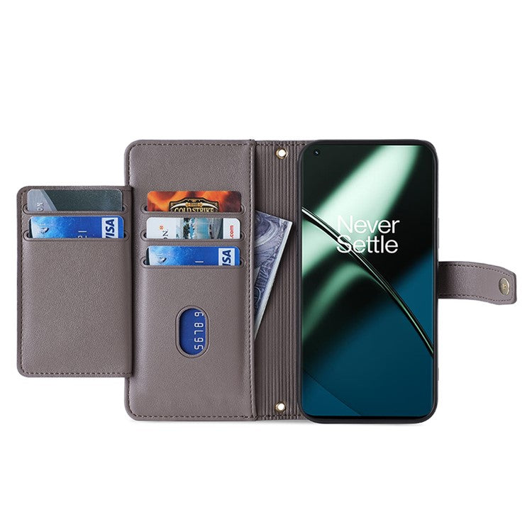 Leather Phone Cover for OnePlus Nord 3 5G / Ace 2V 5G Anti-scratch Zipper Pocket Stand Wallet Case with 2 Straps - Grey