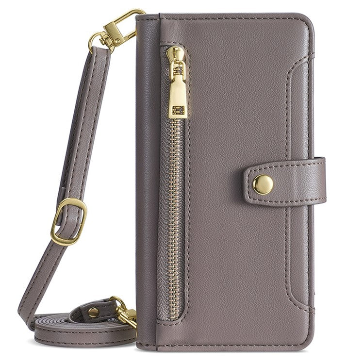 Leather Phone Cover for OnePlus Nord 3 5G / Ace 2V 5G Anti-scratch Zipper Pocket Stand Wallet Case with 2 Straps - Grey