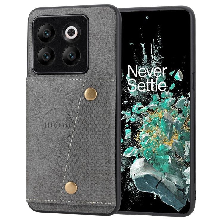 For OnePlus 10T 5G / Ace Pro 5G Dual Button Card Holder PU Leather Coated TPU Kickstand Case with Car Mount Metal Sheet - Grey