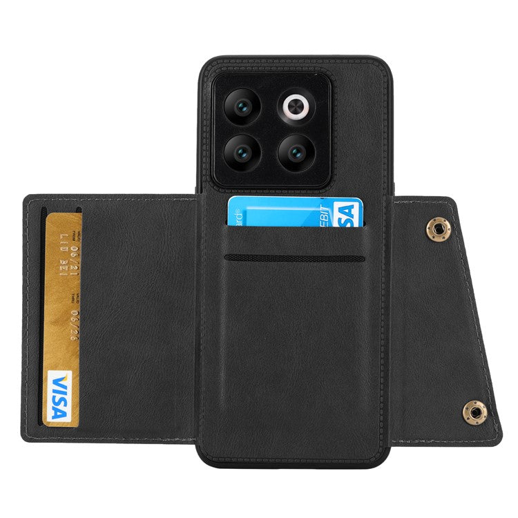 For OnePlus 10T 5G / Ace Pro 5G Dual Button Card Holder PU Leather Coated TPU Kickstand Case with Car Mount Metal Sheet - Black