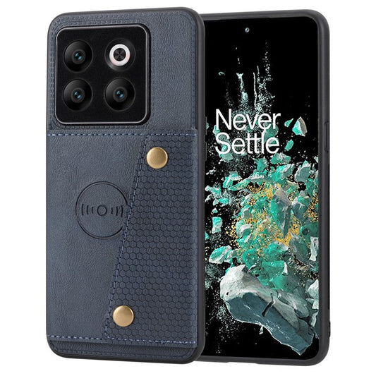 For OnePlus 10T 5G / Ace Pro 5G Dual Button Card Holder PU Leather Coated TPU Kickstand Case with Car Mount Metal Sheet - Blue