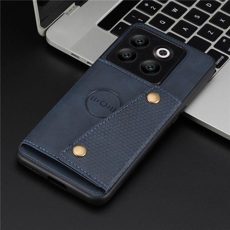 For OnePlus 10T 5G / Ace Pro 5G Dual Button Card Holder PU Leather Coated TPU Kickstand Case with Car Mount Metal Sheet - Blue