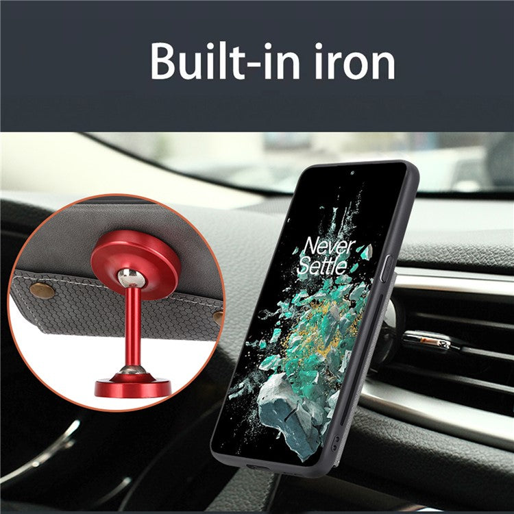 For OnePlus 10T 5G / Ace Pro 5G Dual Button Card Holder PU Leather Coated TPU Kickstand Case with Car Mount Metal Sheet - Red