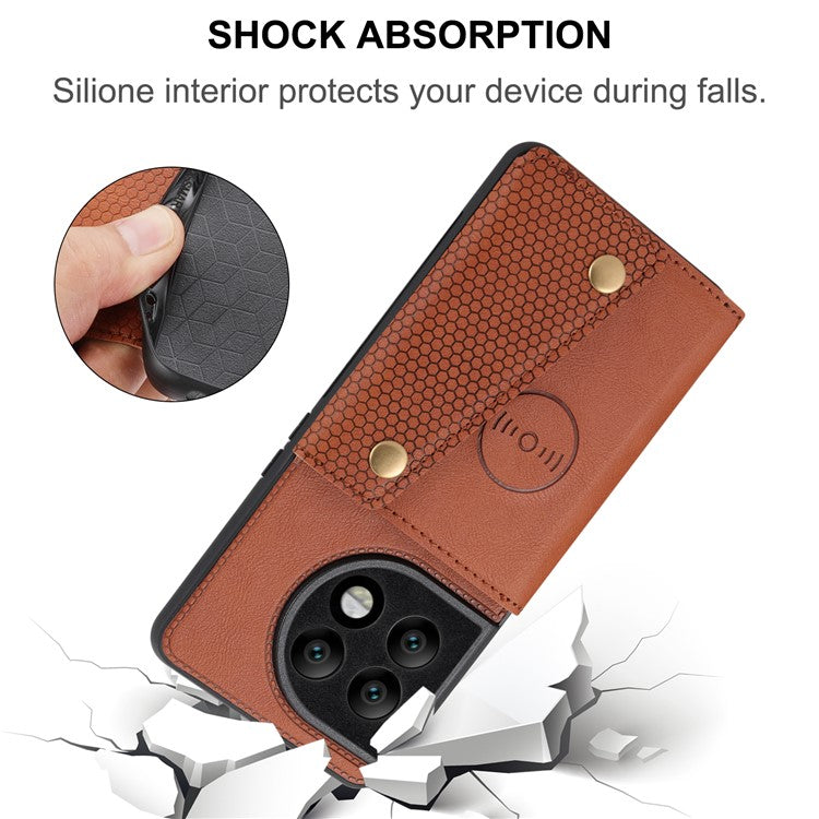 For OnePlus 11 5G Card Holder Phone Case PU Leather Coated TPU Kickstand Case with Car Mount Metal Sheet - Light Brown
