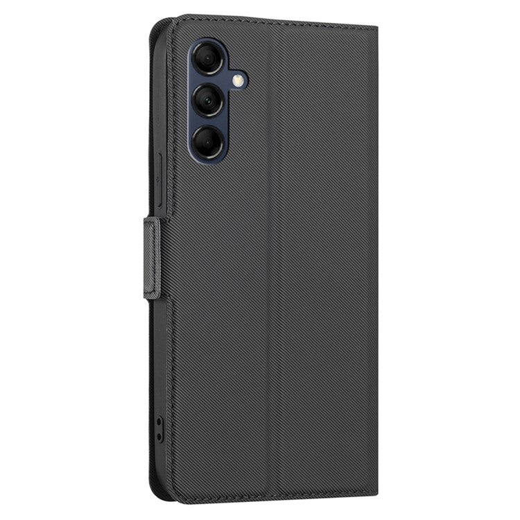 For Samsung Galaxy M14 5G Card Holder Twill Texture Phone Cover Stand Anti-Scratch PU Leather Case - Black