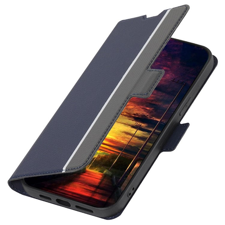 For Samsung Galaxy M14 5G Card Holder Twill Texture Phone Cover Stand Anti-Scratch PU Leather Case - Blue