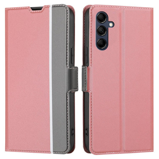 For Samsung Galaxy M14 5G Card Holder Twill Texture Phone Cover Stand Anti-Scratch PU Leather Case - Pink