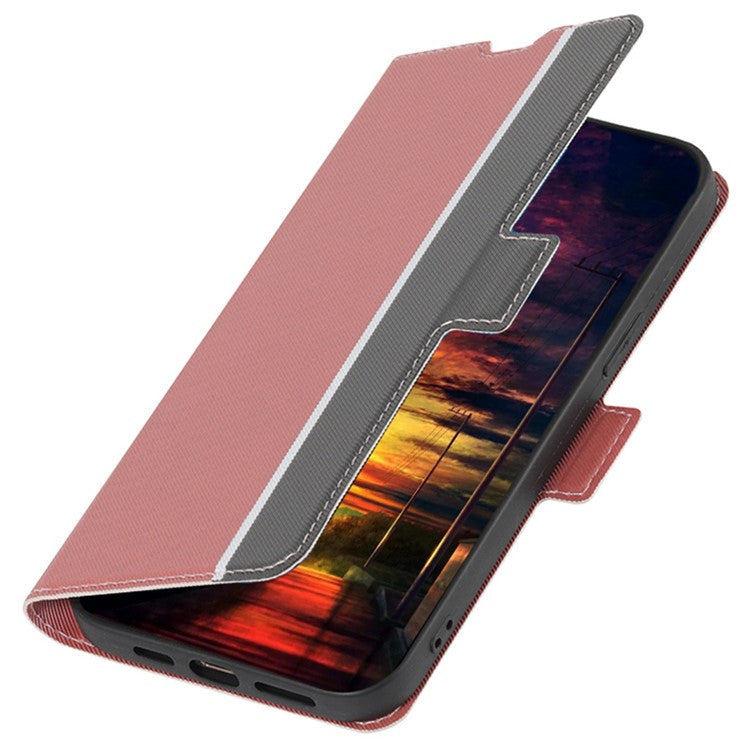 For Samsung Galaxy M14 5G Card Holder Twill Texture Phone Cover Stand Anti-Scratch PU Leather Case - Pink