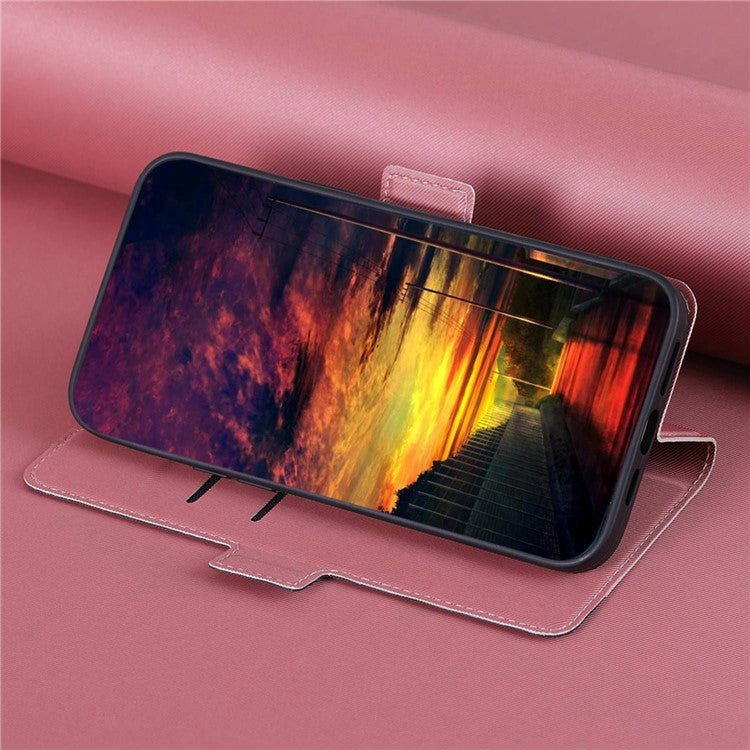 For Samsung Galaxy M14 5G Card Holder Twill Texture Phone Cover Stand Anti-Scratch PU Leather Case - Pink