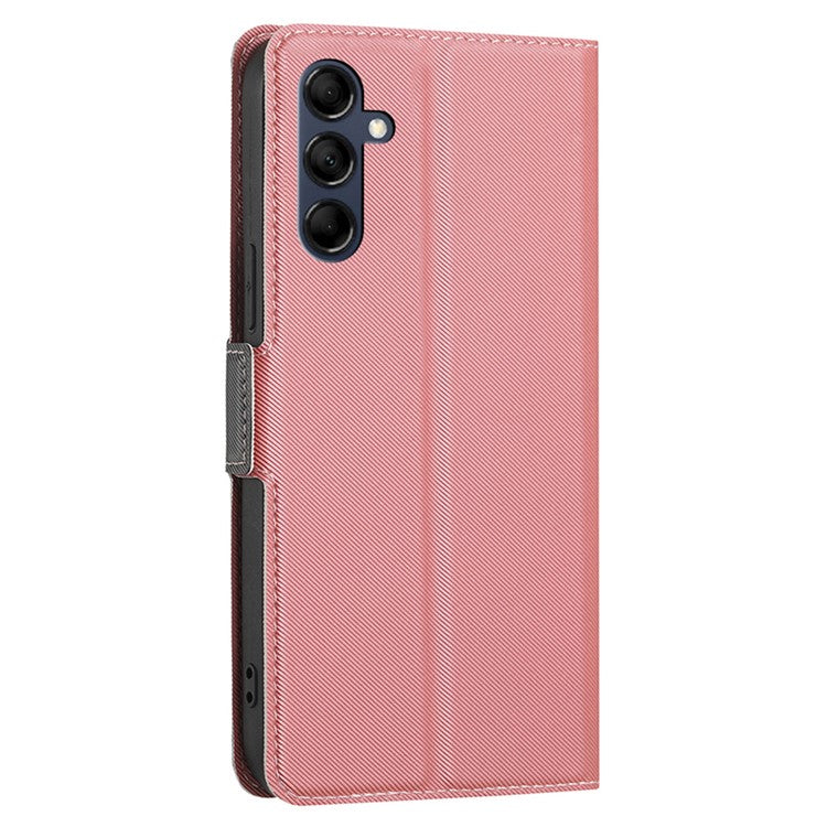 For Samsung Galaxy M14 5G Card Holder Twill Texture Phone Cover Stand Anti-Scratch PU Leather Case - Pink