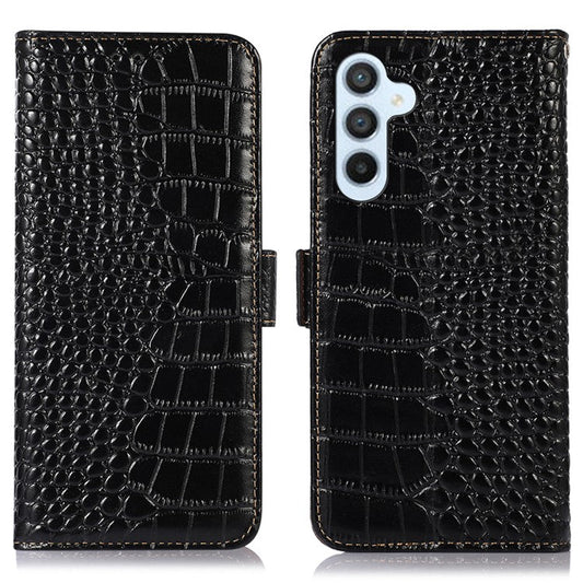 For Samsung Galaxy M54 5G / F54 5G RFID Blocking Wallet Case Genuine Cowhide Leather Crocodile Texture Stand Phone Cover - Black