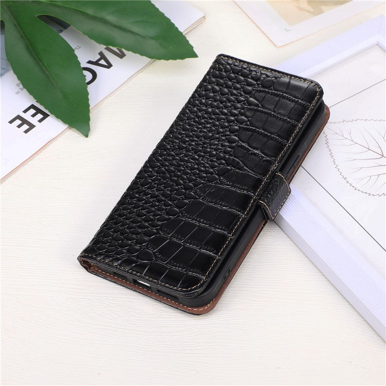 For Samsung Galaxy M54 5G / F54 5G RFID Blocking Wallet Case Genuine Cowhide Leather Crocodile Texture Stand Phone Cover - Black