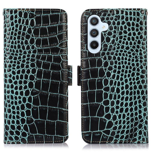 For Samsung Galaxy M54 5G / F54 5G RFID Blocking Wallet Case Genuine Cowhide Leather Crocodile Texture Stand Phone Cover - Green