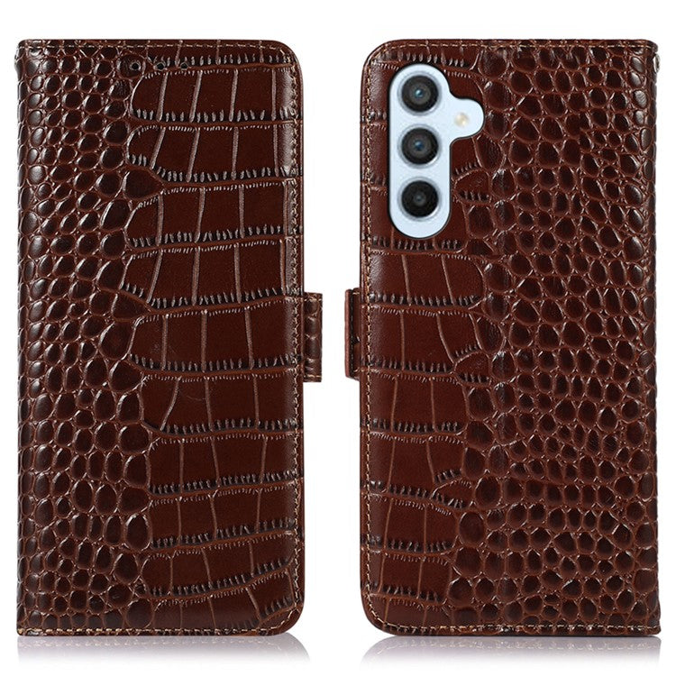 For Samsung Galaxy M54 5G / F54 5G RFID Blocking Wallet Case Genuine Cowhide Leather Crocodile Texture Stand Phone Cover - Brown