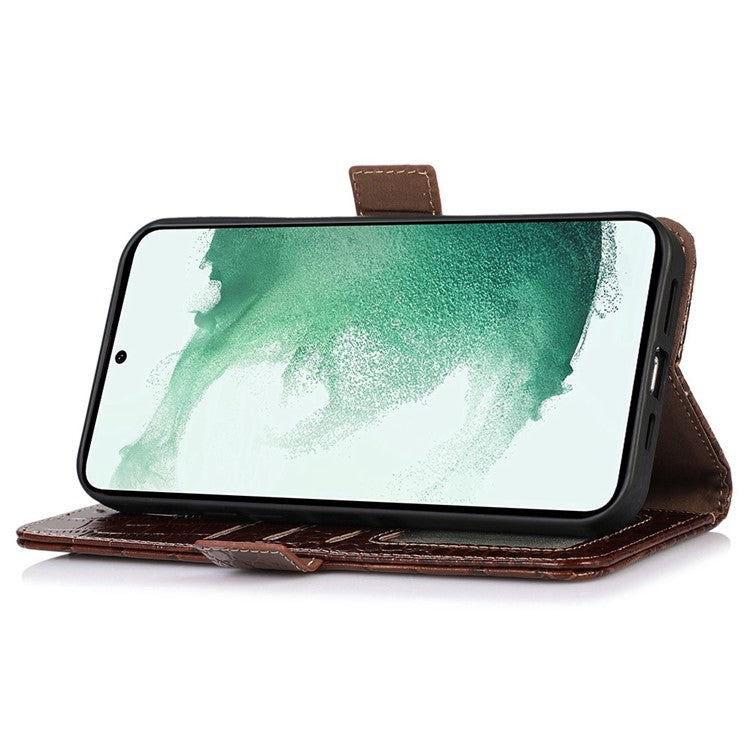 For Samsung Galaxy M54 5G / F54 5G RFID Blocking Wallet Case Genuine Cowhide Leather Crocodile Texture Stand Phone Cover - Brown