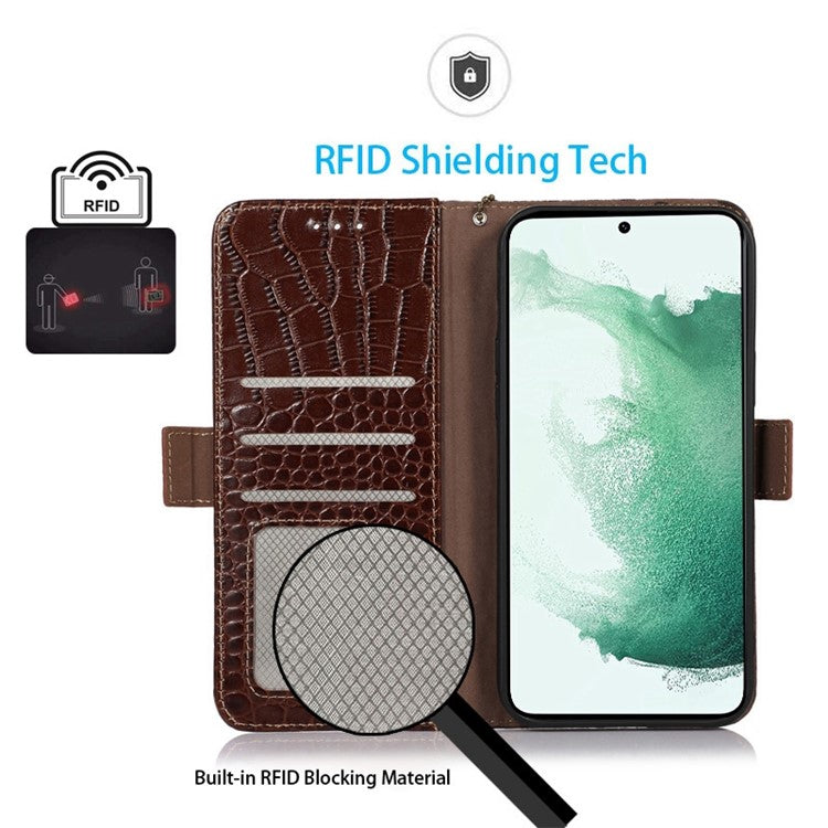 For Samsung Galaxy M54 5G / F54 5G RFID Blocking Wallet Case Genuine Cowhide Leather Crocodile Texture Stand Phone Cover - Brown