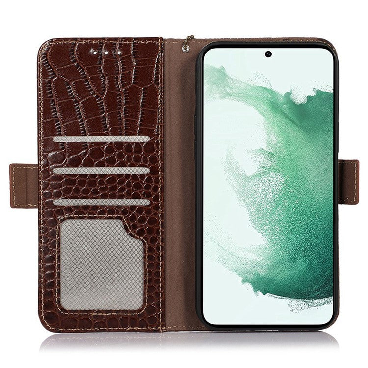 For Samsung Galaxy M54 5G / F54 5G RFID Blocking Wallet Case Genuine Cowhide Leather Crocodile Texture Stand Phone Cover - Brown