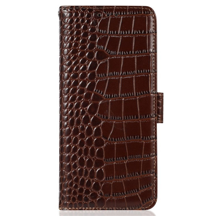 For Samsung Galaxy M54 5G / F54 5G RFID Blocking Wallet Case Genuine Cowhide Leather Crocodile Texture Stand Phone Cover - Brown