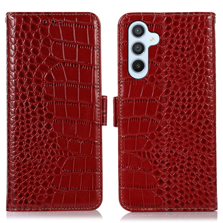 For Samsung Galaxy M54 5G / F54 5G RFID Blocking Wallet Case Genuine Cowhide Leather Crocodile Texture Stand Phone Cover - Red